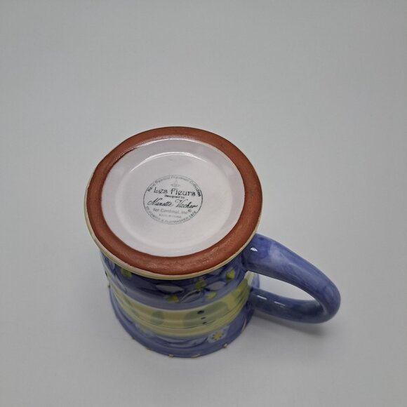 Les Fleurs Coffee Mug Cup Hand Painted Floral Yellow Blue 20 Oz - Picture 10 of 10
